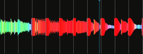 Mixxx displays frequency content as colors: red for bass, green for mids, and blue for treble.