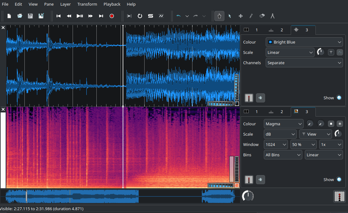 Sonic Visualiser combines multiple audio visualization methods. Top: waveform. Bottom: spectrogram.